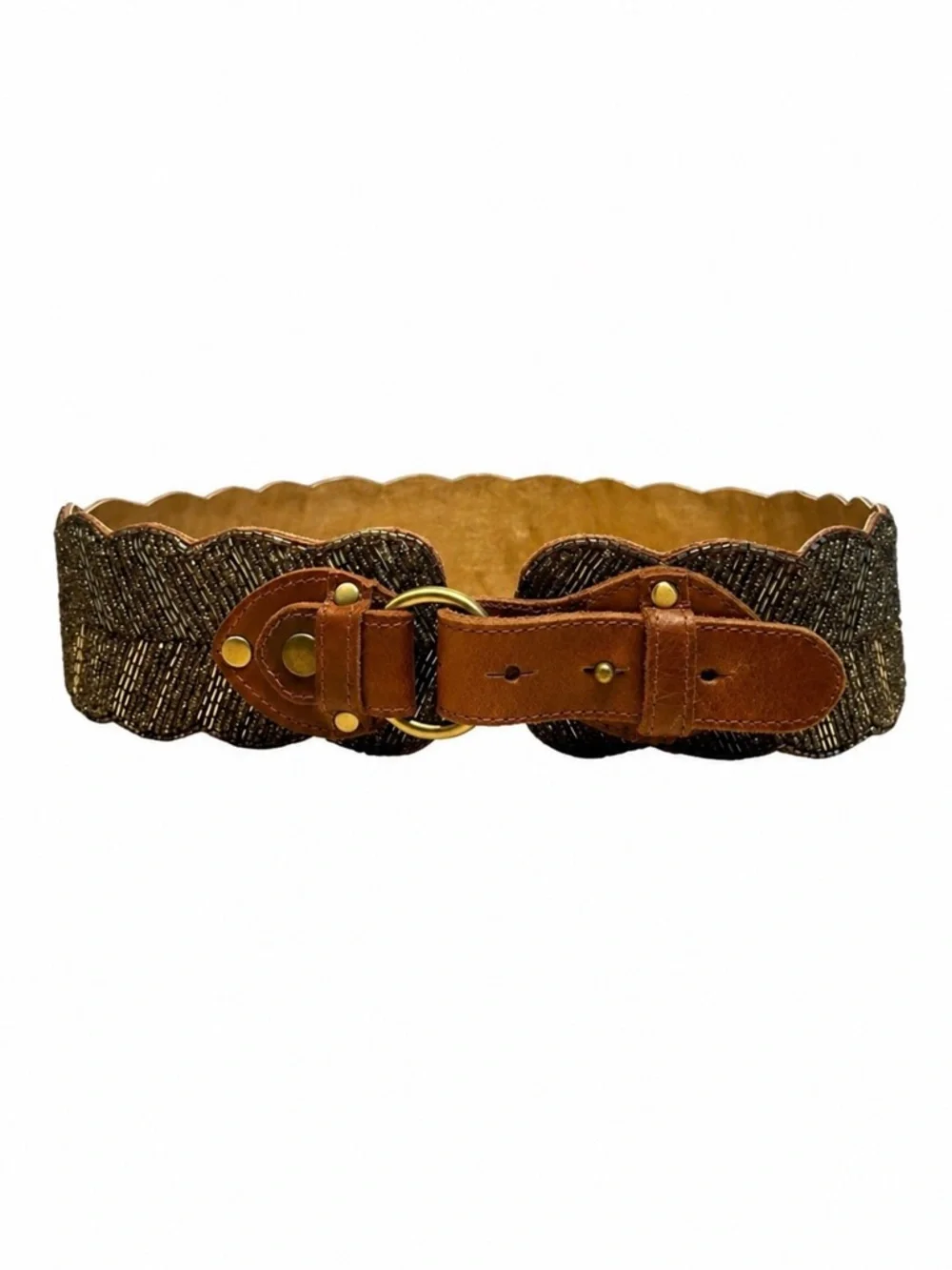 Motif 56 Brown Leather Glass Beaded Scalloped Wide Belt Size Large Statement